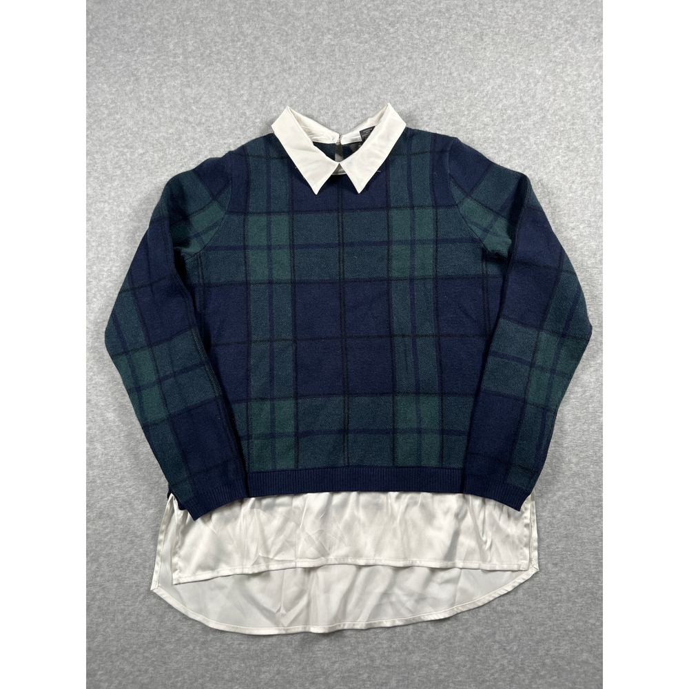Tahari Collar Sweater Womens M Blue Green Plaid Layer Academia Preppy Old Money
